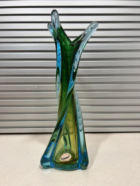 Vintage Murano Art Glass Hand Blown Blue Green Vase Twisted 13” Tall - BEAUTIFUL