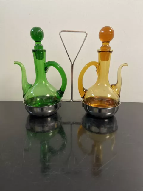 Serviteur huile et vinaigre socle en métal Verre Vert Et Jaune Bouchon Déco