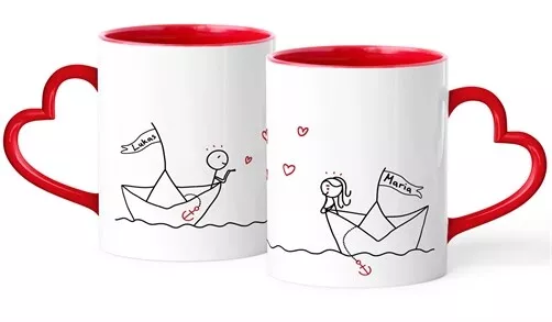 Partnertasse 2er Set personlisierbar mit Namen Herz-Henkel Geschenk Liebe