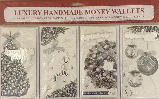 4 x Christmas Luxury Handmade 3D Money or Gift Card Wallets & Envelopes Silver