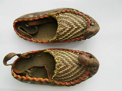 Vintage Old Turkish Upturned Toes Leather Childs Slippers Shoes Handmade 7" Long