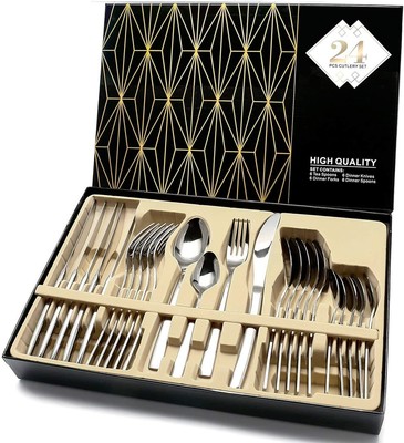 AISIR XINRUI Servizio di Posate （d'Argento） 6 forchette da tavola 6 cucchiai da tavola 24 Pezzi Posate in Acciaio Inox ， 6 coltelli da tavola 6 cucchiai da Dessert ， lucidato a Specchio 