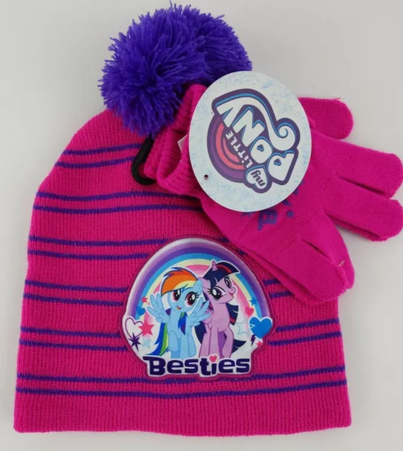 My Little Pony Kids Girls Hat And Gloves Set Pink Purple Besties NEW