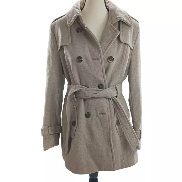 Kenneth Cole Reaction Coat Wool Blend Tan Winter Tie Womens Size XL