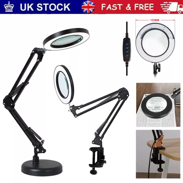 LED Desk RepairLamp 10x Magnifier Glass With Light Stand Clamp Beauty Magnifying