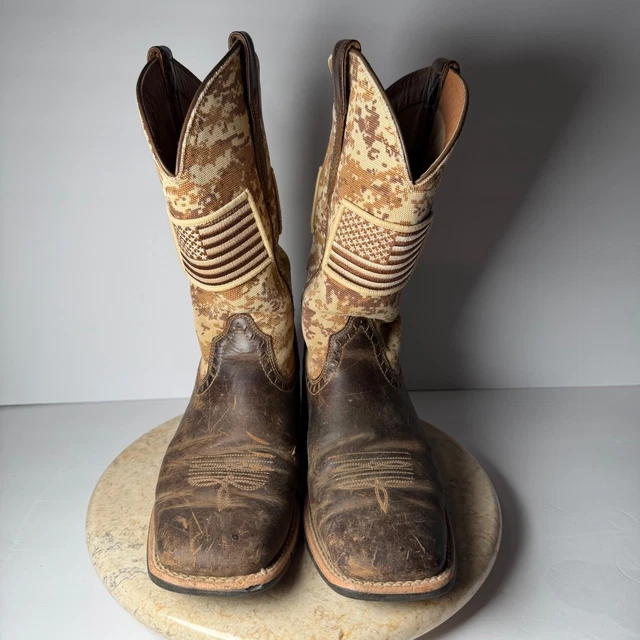ARIAT ROUND UP Patriot Western Boots 8B Brown Digi Camo American Flag ...