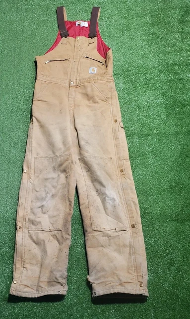 Vintage Carhartt R04BRN Quilt Lined Duck Double Knee Bib Men 34x32 Distressed
