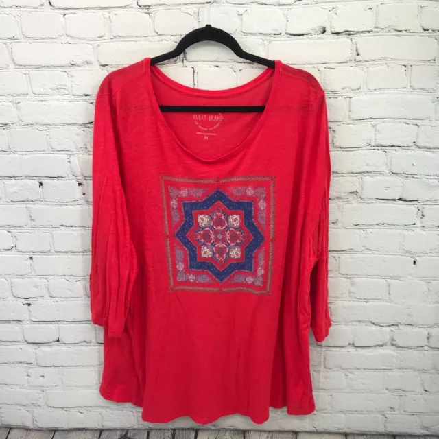 Lucky Brand Top Womens 3X Red Floral Sheer Lightweight 3/4 Sleeve Casual *