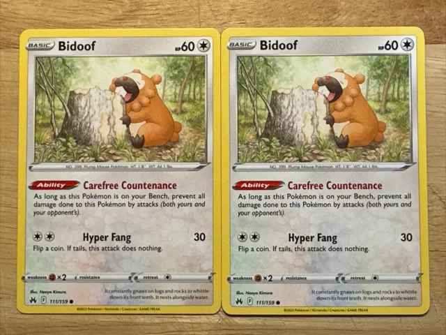 2x Bidoof - 111/159 - Non-Holo - Crown Zenith - NM/M - Pokemon Card