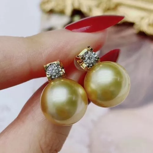 Gorgeous AAAA 11-10mm Real natural Golden south sea Round pearl earrings 925S