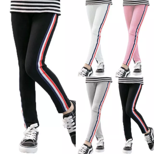 Girls Kids Sports Leggings Trousers Skinny Stretch Striped Slim Fit Pants