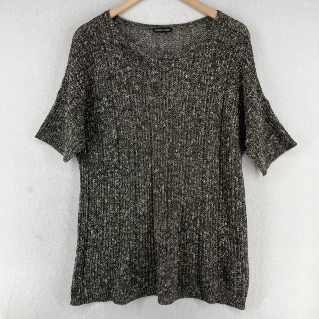 EILEEN FISHER Sweater L Linen Cotton Grain Tunic Short Sleeve Pullover Gray