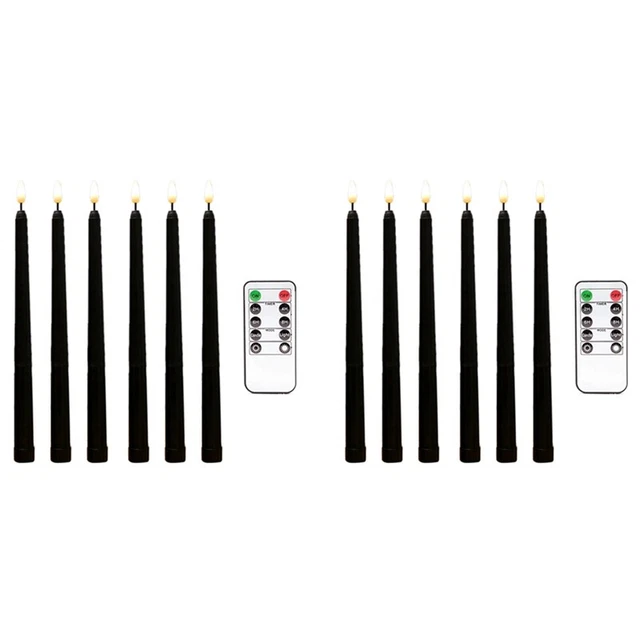 12PCS FLAMELESS BLACK Taper Candles Flickering with 10Key Remote Timer