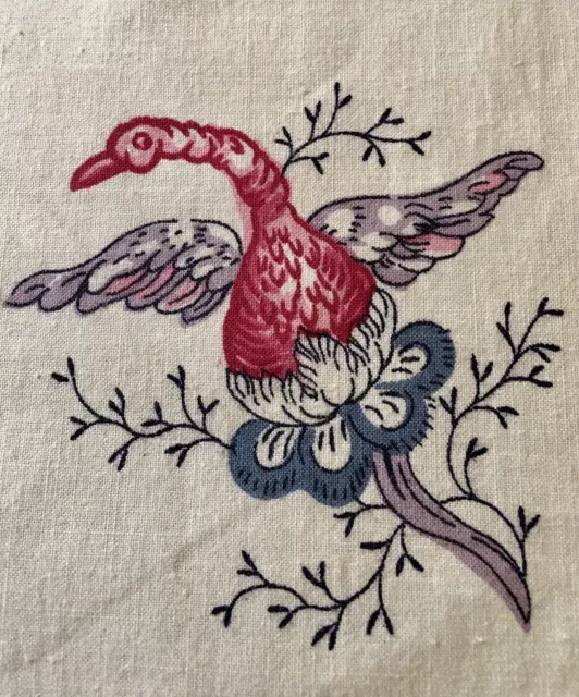 Vintage French Floral Pomegranate Bird Cotton Fabric~18thc design~ Red Blue Rose