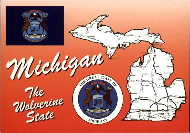 Michigan ~ state seal map flag ~ Upper Peninsula U P ~ 1970s vintage postcard