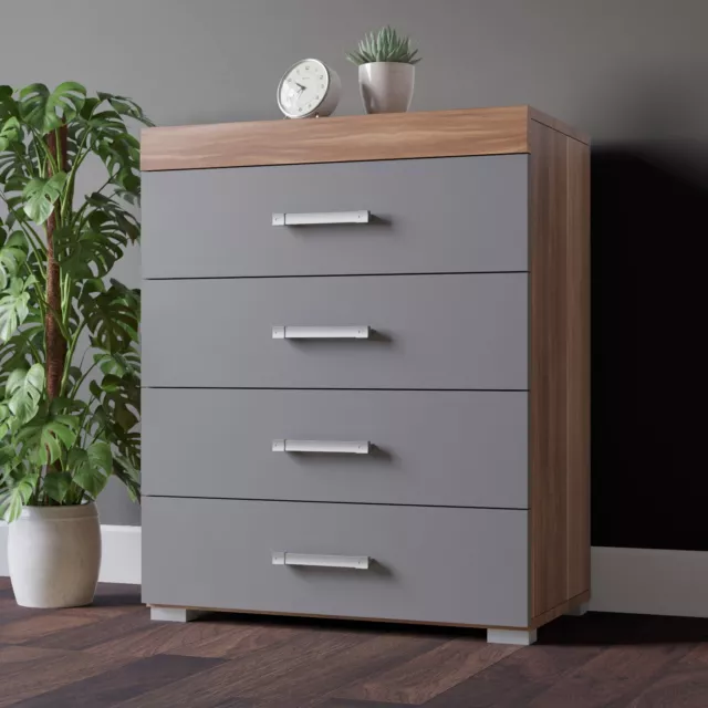 Chest of 4 Drawers in Grey & Walnut Bedroom Furniture Modern * BRAND NEW*