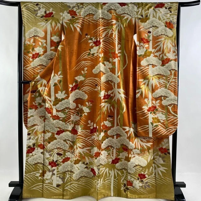 Japanese Kimono Furisode Pure Silk Kasamatsu Literature Camellia Japonica Orange
