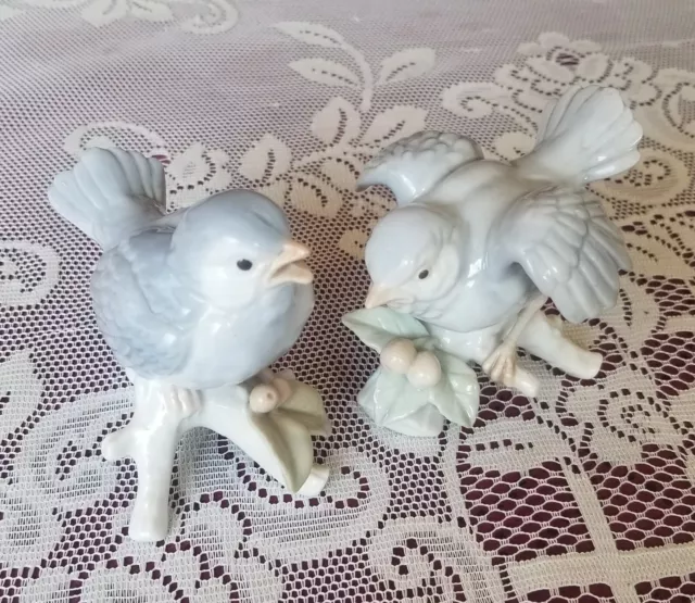 TWO Vintage Porcelain Sparrows Bird on Branch OTAGIRI JAPAN HandCrafted Gray