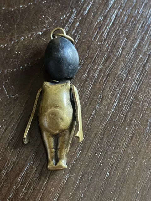 Antique Brass & Wood WW1 Fumsup Charm Moveable Arms Touch Wood Head Pendant