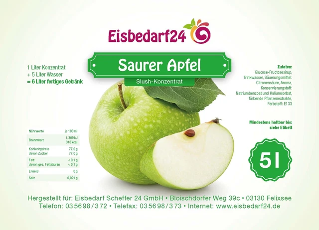 (5,29 €/Liter) Slush Eis Sirup Saurer Apfel - 5 Liter Konzentrat