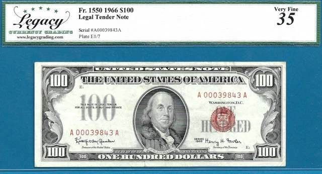 1966 $100 Legal Tender Note Red Seal Fr. 1550 Legacy VF 35 Low Serial A00039843A