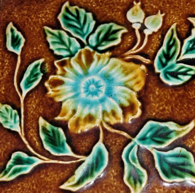 Beautiful Old Antique Art Nouveau Majolica Framed Floral Tile Fireplace Vintage