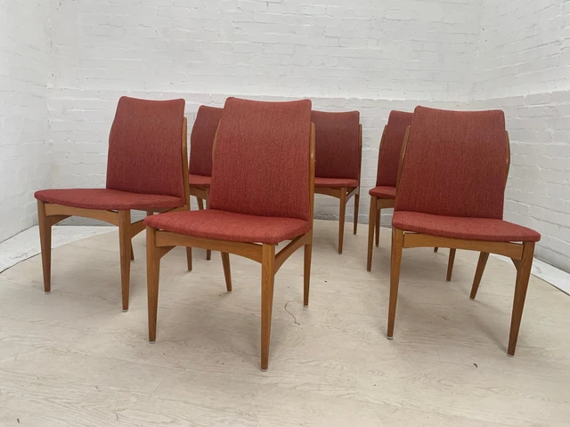 EB2987 Set of Six Swedish Oak & Pink Wool Fabric Dining Chairs Vintage VDIN