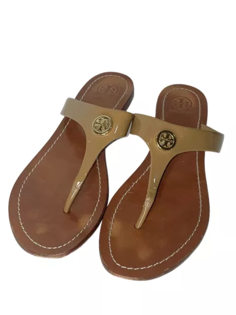Tory Burch Women's Thong Sandal Size 8.5 Flip Flop Logo Slide Tan Leather Gold
