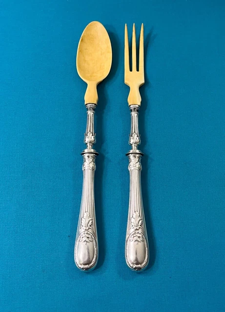 Couverts De Service A Salade Argent Massif Poincon Minerve Armoiries Couronne 03 Fn