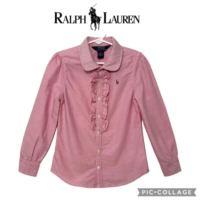 Polo Ralph Lauren girls long sleeves ruffled pink shirt size 6