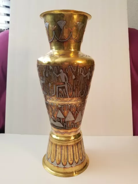 Egyptian Cairo ware Brass Cremation Urn with 2 - metal overlaid Hieroglyphics