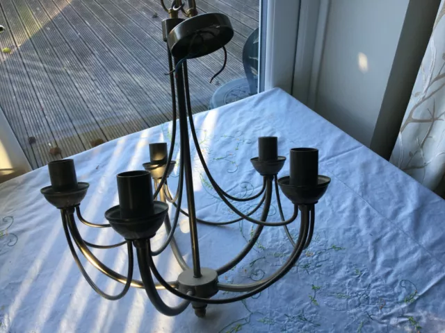Unusual Vintage 5 Arm Bronze Effect Grey Metal Ceiling Light Chandelier