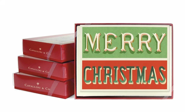Cavallini - 10 x Glitter Greetings Christmas Cards/Notes - Merry Christmas