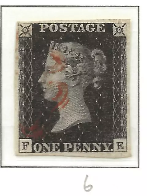 GB 1840 SG2 1d Penny Black PLATE 6 Lettered FE Fine 4 Margin Red Cancellation