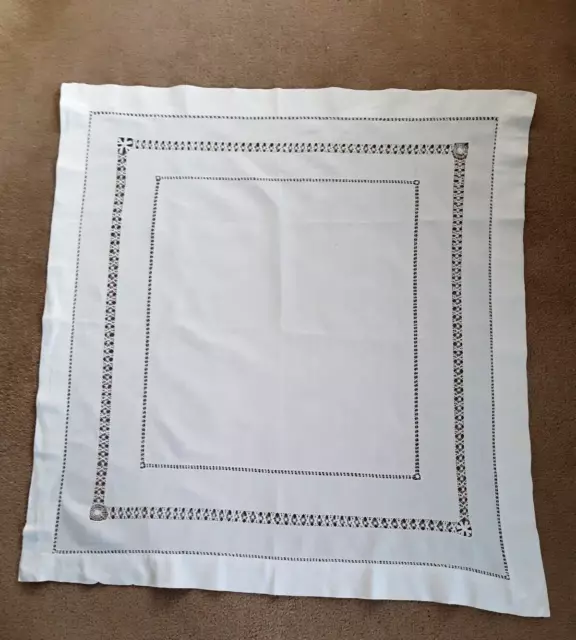 Vintage square white linen tablecloth with drawn thread work.