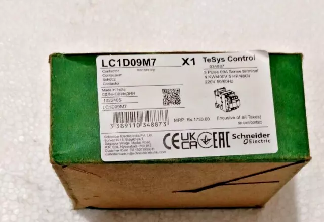 Schneider Electric TeSys D Contactor LC1D09M7 Coil 220V 9A 3P AC 4kw/5.5HP