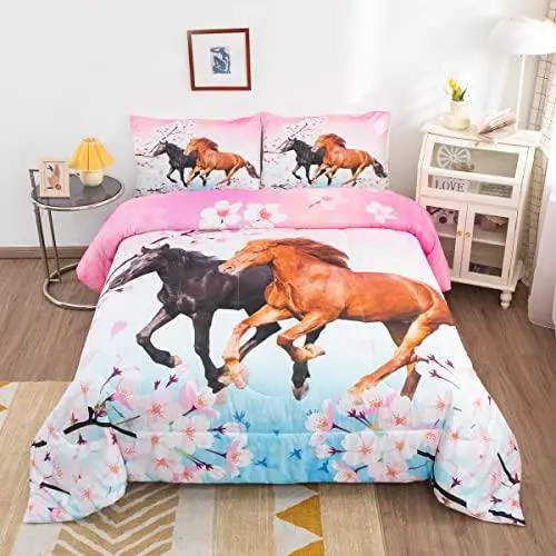 Feelyou Kids Horse Bedding Set Chic Cherry Blossom Bedding Comforter Set for