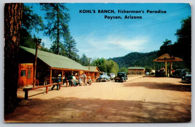 Payson Arizona~Kohl's Ranch~Gas Station~Fishermen @ Building~1956 Postcard