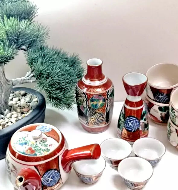 Rare Japanese Vintage Signed Saikō Kutani Porcelain Tea & Sake 11 piece Set