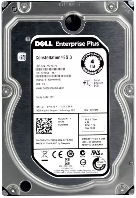 Disque Dur Dell 0DRMYH DRMYH 4TB 7200U/Min 128MB SAS-2 ST4000NM0023 3.5'' Pouce