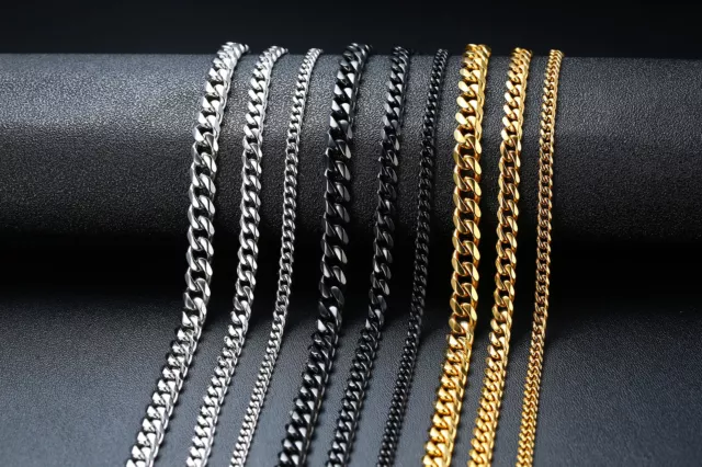 Mens Womens Chain Silver Gold Black Stainless Steel Cuban Link Pendant Necklace