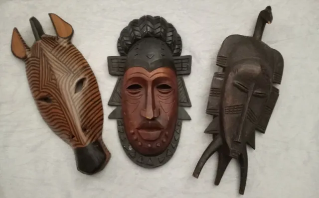 Set of 3 Vintage Hand Carved Tribal African Masks
