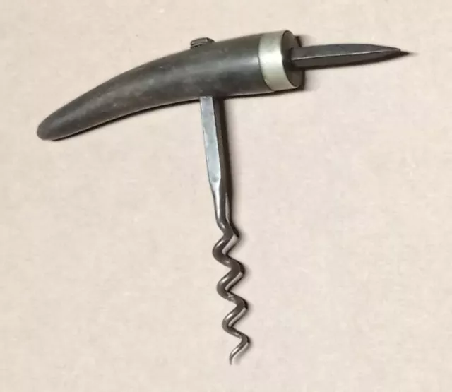 Antique Adelaide Johnson corkscrew with spike, ox horn handle