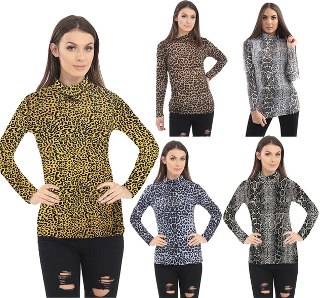 Donna Leopardo Animale Stampa Polo Top Turtle Roll Collo T-Shirt Taglia 8-24