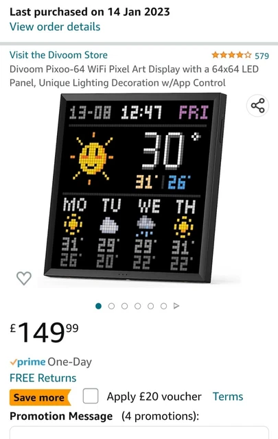 Marco de pantalla Divoom Pixoo 64 WiFi Pixel Art de 10,3 pulgadas sin caja