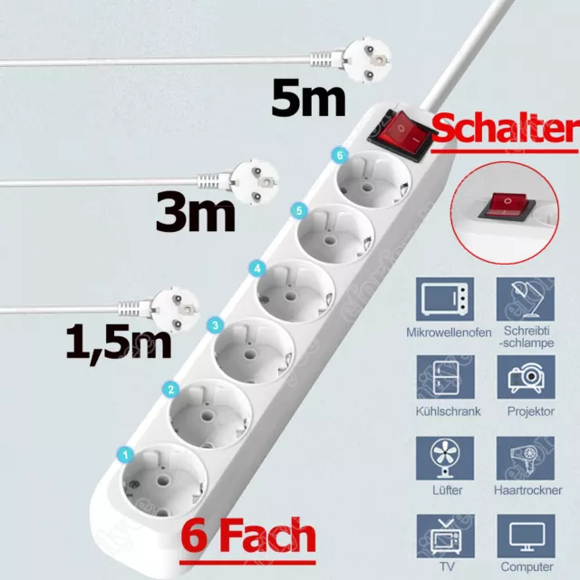 Steckdosenleiste Steckerleiste Mehrfachsteckdose Strom Schalter 6-fach 1,5/3/5m