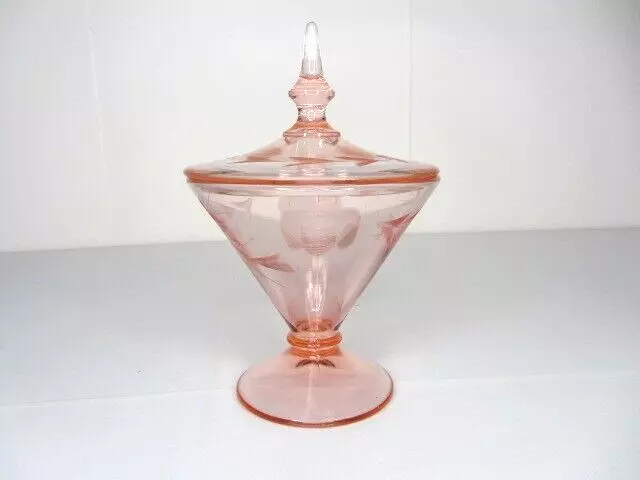 Depression Glass Pink Peach Etched Conical Covered Candy Dish Vanity Mid Century
