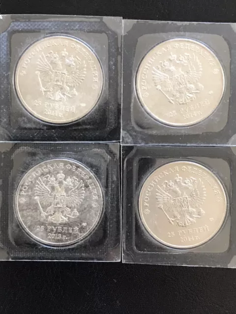 Russia 25 roubles all 4 coins Sochi Olympics emblem and mascots UNC 2014 Russia 25 roubles all 4 coins Sochi Olympics emblem and mascots UNC 2014
