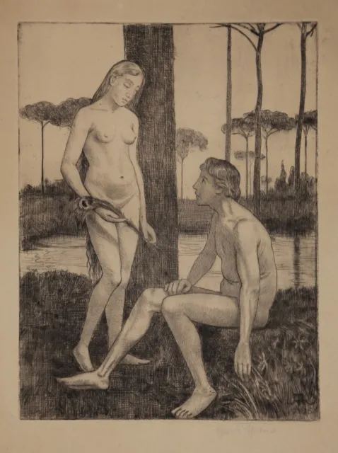Hans Thoma (1839-1924): Adam Et Eva. Gravure À L'Eau-forte 1915