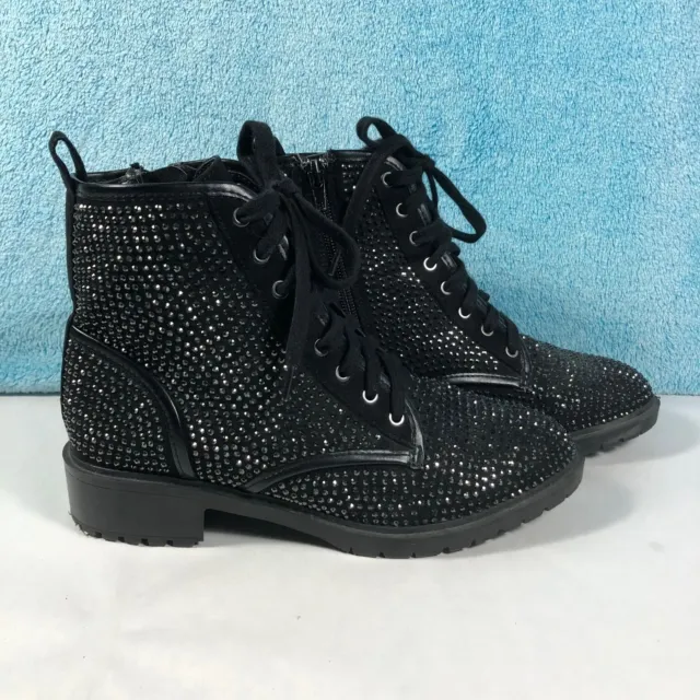 Madden Girl Black Rhinestone Side Zip Fashion Combat Boots Womens Size 7M EUC